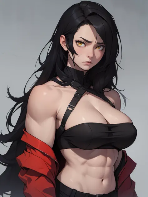 hair flaps massive hair long hair black hair onyx pale skin yellow eyes huge muscles huge breasts sad sad angry sad girl