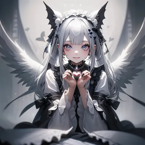 (masterpiece), Highest quality, Ultra-high resolution,White Lolita、Silver Hair、Black Hair、Big smile、Bat、Angel、Sick Makeup、Maid、fine、(Making a heart with hands:1.3)、music、Angelの羽、(Background Night:1.3)