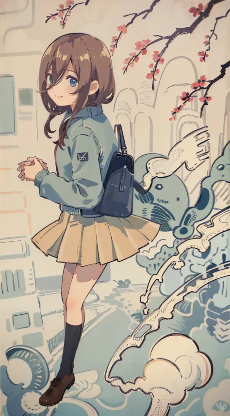 school classrooms、watercolor style、pale colors、hand painted style, 15yo student、hi-school girl、school route、carrying a schoolbag...