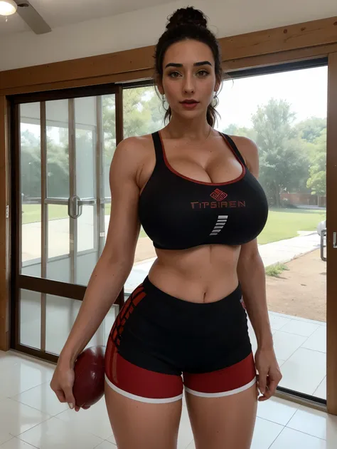 Extremely busty thin and toned brunette, gym girl, fair skin, loose updo, soft face, athletic, strapless bright (cherry red sports bra), tiny (black compression shorts).  standing by a sliding glass door, gym, windows