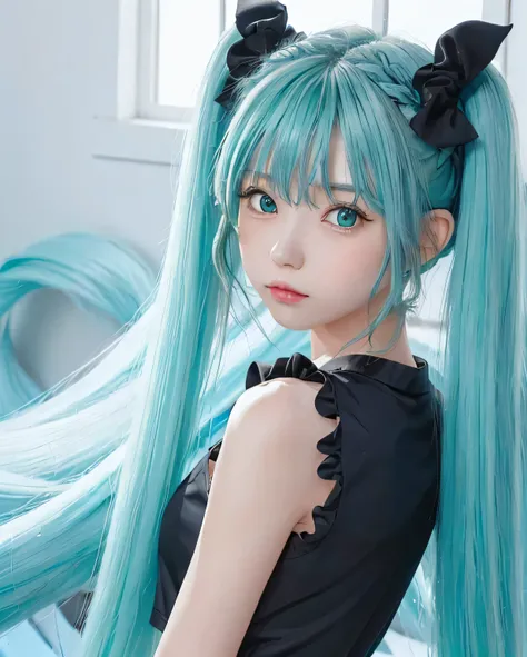 {the theme is hatsune miku}、(crazy turquoise long hair:1.5)、twin tails、((black ribbon scrunchie))、(black　camisole dress)、, shine...