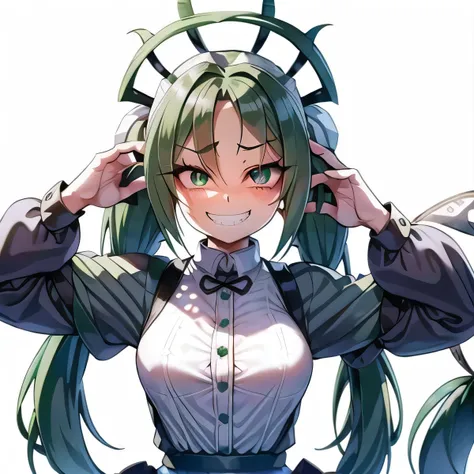 anime girl with green hair and a bow tie holding her head