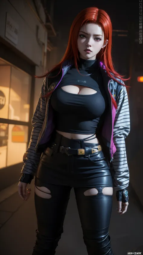 a woman with long red hair and a colorful shirt posing, cyberpunk art by Kentaro Miura, Trends in CG society, digital art, wearing cyberpunk jacket 2 0 7 7, artwork in the style of guweiz, cyberpunk anime girl, Brigitte de Overwatch, lovely Brigitte de Ove...