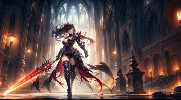 masterpiece, best quality, high quality, detailed, ultra detailed, hyper detailed, insanely detailed, exquisite, beautiful, FHD, Full-HD, 4K, 8K, 16K, highres, absurdres,Overall reddish-black image, (One sexy lady), mystic knight, serious look, sword fight...