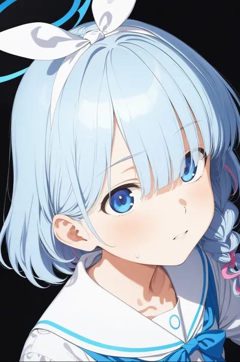 best quality, amazing quality, very aesthetic, absurdres, 1girl, arona (blue archive), blue archive, blue eyes, shorts, (artist official art:1.5), (from above), (realistic face), (narrowed eyes), (cowboy shot), ), panties, (thigh), expressive eyes, perfect...