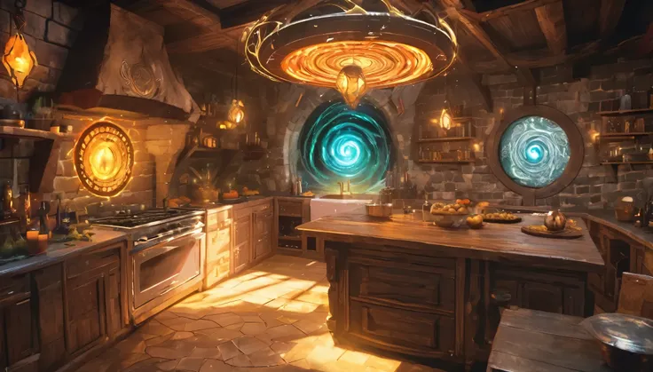 Dungeons and Dragons, Kitchen full of magical portals swirling magical portal energy