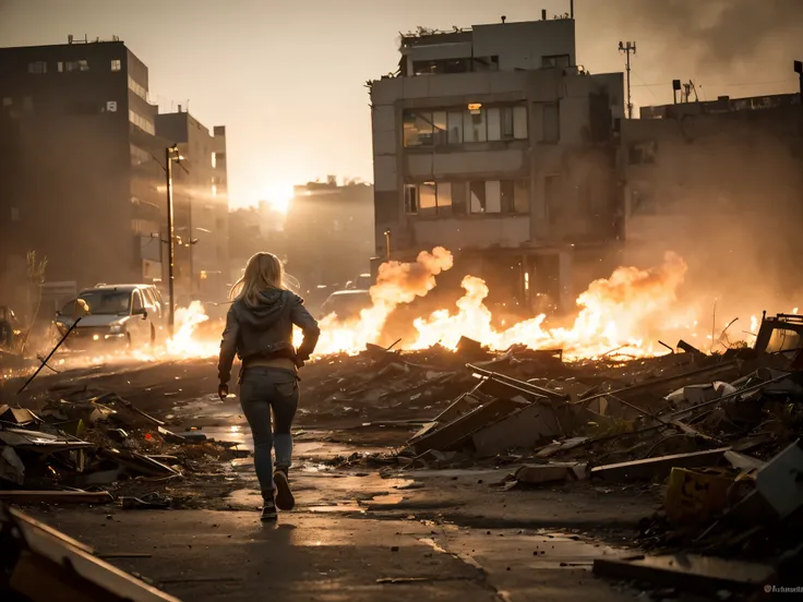 (((1 beautiful blonde woman, terrified expression, running in a future post apocalyptic street))), torn and ripped open denim jacket, bare breasts, dirty, grimy skin, ripped jeans, surrounding buildings heavily damaged, car wrecks, rubble, raining, fire, s...