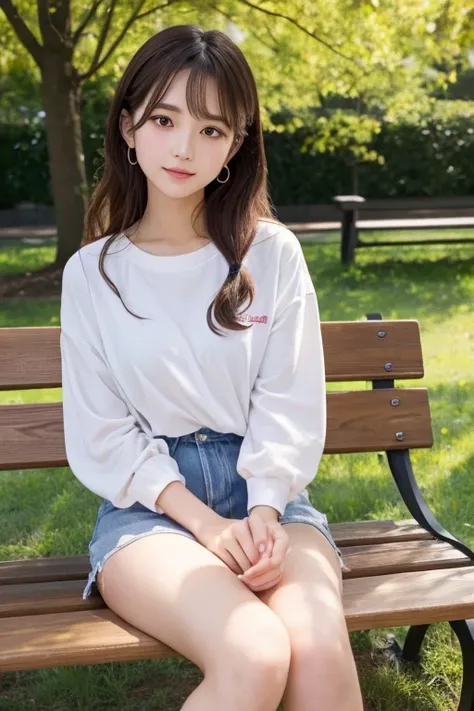 Produce the highest quality and highest resolution 8K images。Please draw the upper body of a 20 year old Japanese woman.。Please draw an image of someone sitting on a park bench looking up at the sky.。She has brown eyes and a model figure.、She has an idol-l...