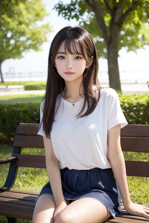 Produce the highest quality and highest resolution 8K images。Please draw the upper body of a 20 year old Japanese woman.。Please draw an image of someone sitting on a park bench looking up at the sky.。She has brown eyes and a model figure.、She has an idol-l...