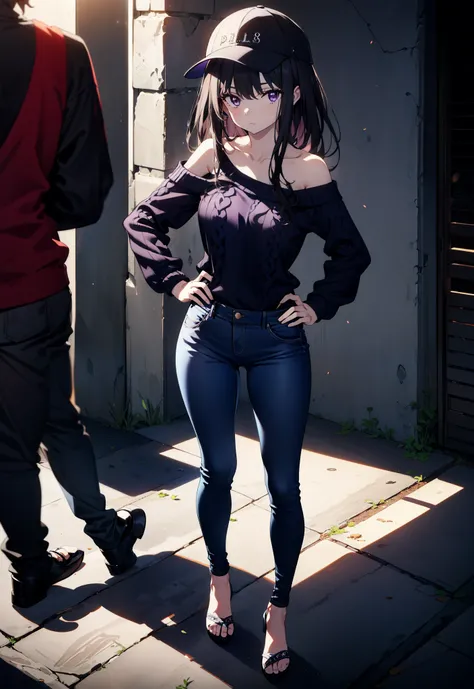 Takiuchikami, Long Hair, bangs, Black Hair, (Purple eyes:1.2),Baseball hats,Blue one-shoulder sweater,Skinny jeans,Stiletto heels,Place one hand on hip,Are standing,whole bodyがイラストに入るように,Daytime,
break outdoors, Building district,
break looking at viewer, ...