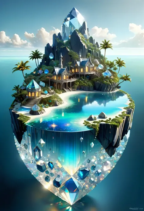 mysterious island, fantasy, concept art,
a shiny island made of diamonds, opals and other minerals used to make jewellery,