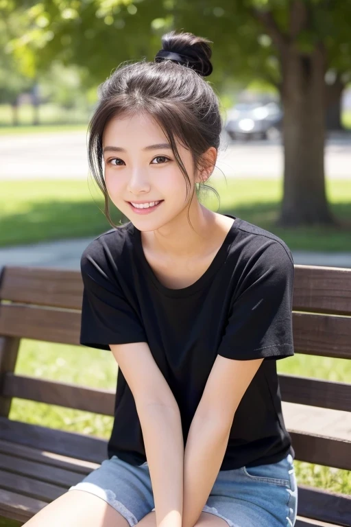 Produce the highest quality and highest resolution 8K images。Please draw the upper body of a 20 year old Japanese woman.。Please draw an image of someone sitting on a park bench looking up at the sky.。She has brown eyes and a model-like figure、She has an id...