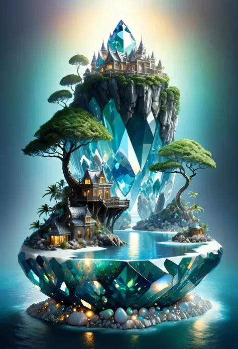 mysterious island, fantasy, concept art,
a shiny island made of diamonds, opals and other minerals used to make jewellery,