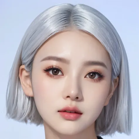 Close-up of a woman with white hair and black top, Realistic anime 3D style, Kawaii realistic portrait, Popular Korean makeup, Korean popular makeup, Inspired by Russell Dongjun Lu, girl silver hair, Hyperrealistic CG, Nam Jae-yeon, wlop glowing skin, Insp...