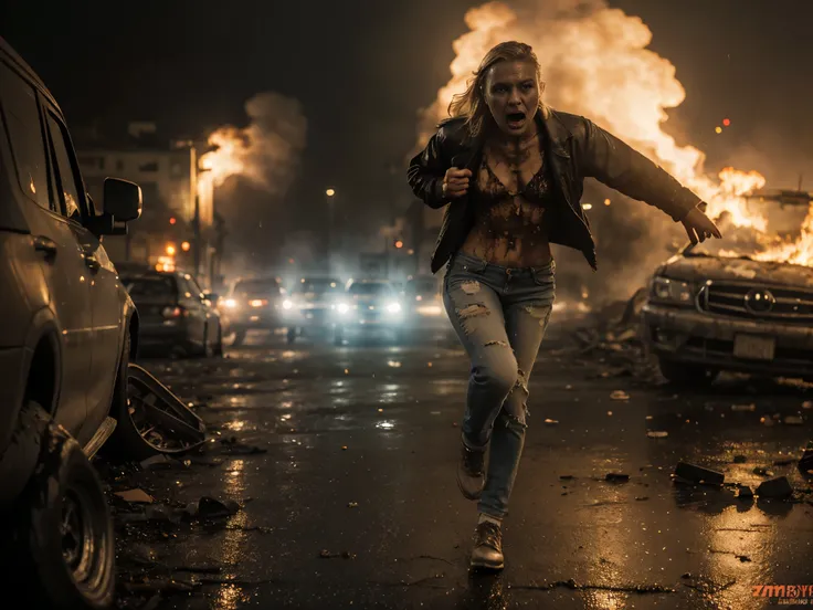 (((1 beautiful blonde woman, terrified expression, running in a future post apocalyptic street))), torn and ripped open denim jacket, bare breasts, dirty, grimy skin, ripped jeans, surrounding buildings heavily damaged, car wrecks, rubble, raining, fire, s...