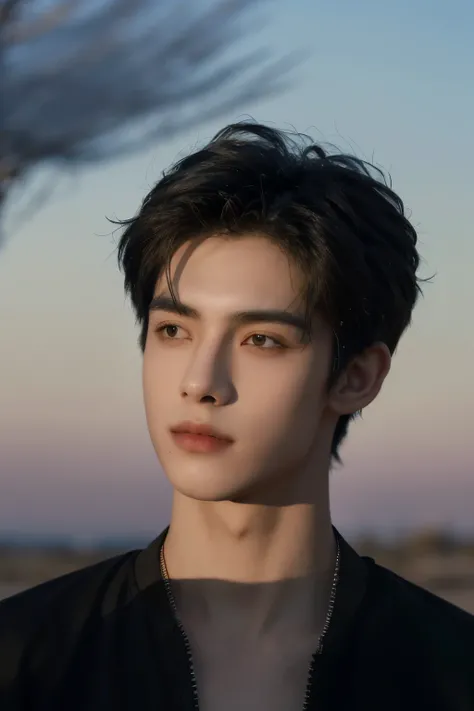 Desert dusk in the background,masterpiece,Ultra-high resolution,(Reality:1.4),original photo,Bust photo,1 Boy,in the darkness,Deep Shadows,Low profile,Cold Light,Incredibly handsome,detail,18 years old,Emotional,The face is clear,black shirt,Facial light,