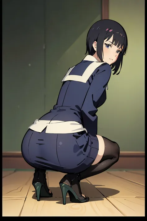 anime girl in blue dress with black stockings and stockings on, an anime drawing by Kamagurka, pixiv, shin hanga, bending over, beautiful anime girl squatting, the anime girl is crouching, (sfw) safe for work, makoto, lit from behind, female protagonist 👀 ...