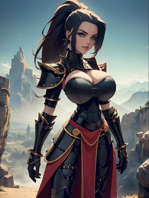 (masterpiece, top quality, best quality, official art, beautiful and aesthetic:1.2), (1girl:1.3), ((Sharp facial features, sharp features, hawkish features)), ((big hair, long black hair, ponytail)), big tiddy chaos warrior girl, extremely detailed, portra...