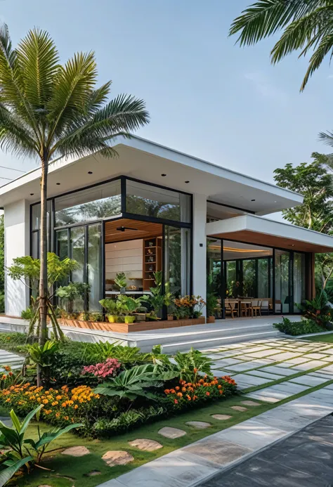 A hyper-realistic , a modern one-story house with a minimalist design, (very small house: 1.2) ,((with a facade less than 4 meters wide:1.2)), white and glass materials, wood, The house has a flat roof, large floor-to-ceiling glass windows, The garden inc...