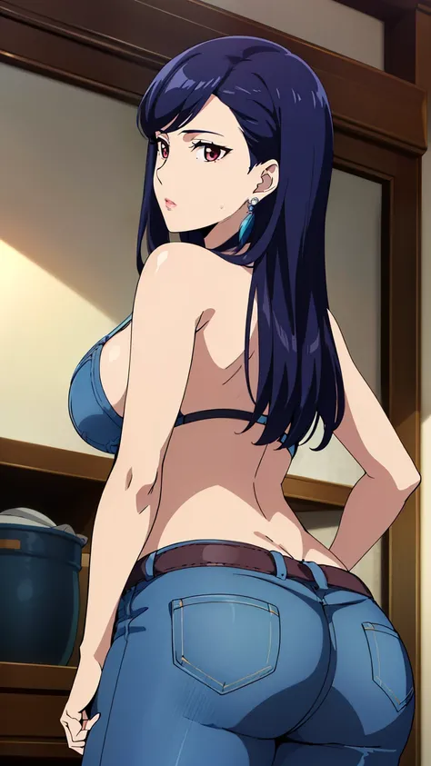 slot,1 girl,(紫Farbeのeye, 紫Farbeの髪),bangs,(Earrings, jewelry, Denim dress, Denim pants), (back, Showing her ass:1.2)
20 years,young woman,beautiful long legs,beautiful body,
beautiful Nose,beautiful character design, perfect eye, perfect face,expressive eye...