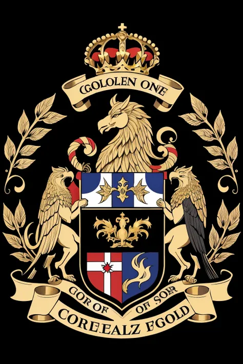 Create a FARIZEL FAMILY COAT OF ARMS Gold with black, I want details with the colors of the England flag, that has something symbolizing coffee and our bravery