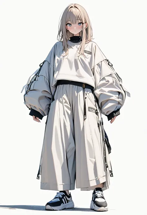 (Masterpiece, Best picture quality: 1.2, 8K), centered, full length, one girl, cool fashion, wide pants, simple sneakers, simple background, white blank white background #ffffff,, eyes open