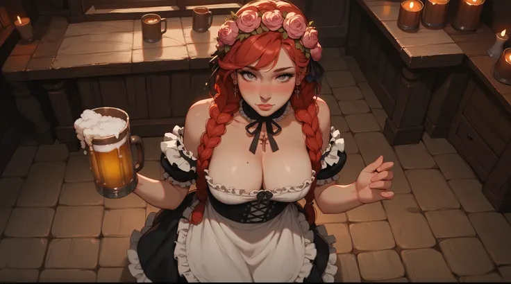 score_9, score_8_up, score_7_up, 1girl, (solo:1.1), from above, tavern wench, standing, bare shoulders, red hair, braids, large breasts, flower hair, barmaid dress, cute, beautiful eyes, blush, fishnets, sexy pose, looking at viewer, indoor, beer mugs, bee...