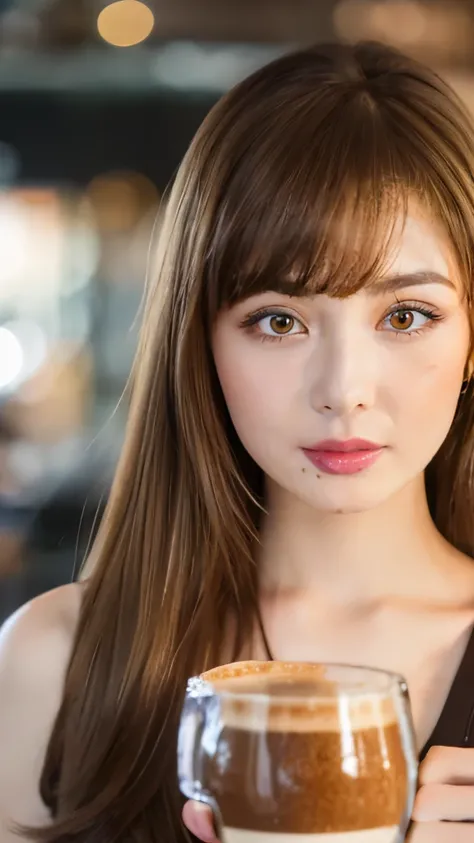 Best quality, 8k,  ,Masterpiece :1.3)), facing viewer,((full body1.2)) ,pretty woman, wide shot ,1girl, ,  café,,  , brown hair  , bangs,ultra-detailed face, highly detailed lips, detailed eyes, double eyelid