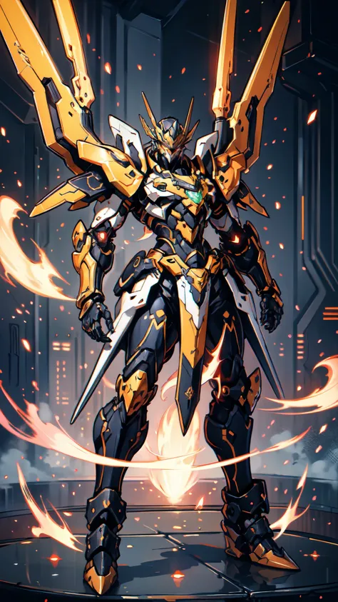 (masterpiece:1.5, best quality:1.5, extremely delicate:1.5), humanoid Mecha, fully enclosed shoulder guards, matching arm and leg guards, full body, full armor, the design balances heavy with agility, (the color scheme is primarily white with red and blue ...