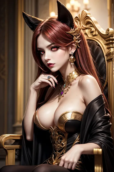 In the dark castle throne room on the huge royal throne in seductive pose siting beatiful demon queen, She have beautiful face with pink eyes rakr eye shadows and dark lipstick sexy make up, golden ring shape earrings on her ponty ears. she have long gorge...