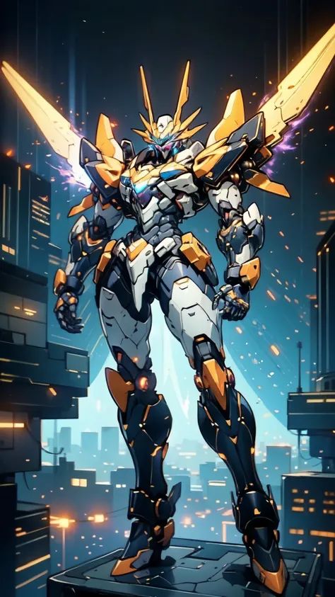 (masterpiece:1.5, best quality:1.5, extremely delicate:1.5), humanoid Mecha, fully enclosed shoulder guards, matching arm and leg guards, full body, full armor, the design balances heavy with agility, (the color scheme is primarily white with red and blue ...