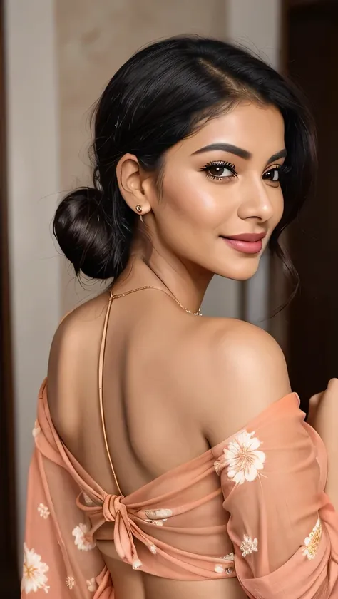 Create an ultra-realistic image of Marina, a modern, attractive female influencer of Indian descent, aged around 40. Marina should have a warm and inviting smile, expressive almond-shaped eyes with a slight shimmer, and clear, glowing skin with a medium br...