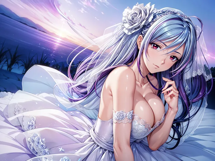 (masterpiece, best quality, beautiful and aesthetic:1.3), look back, side view, 1woman, solo, matured woman,  (Silver blue hair streaked purple:1.4), (Gradient sky blue hair ends:1.6), hair strand, absurdly long hair, single sidelock, wavy hair, shiny hair...