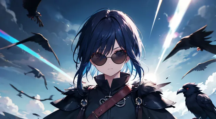 Raven Tengu,Apparition,monster,Black Feather,sunglasses,Great Storm,solo, 
Crow on shoulder，Feather Armor,Blue Hair, Lens flare, 