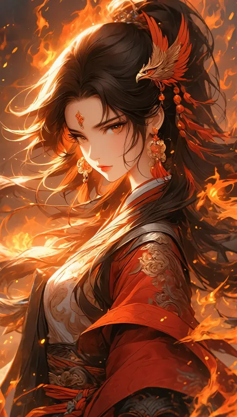 a beautiful female warrior, detailed elaborate sword, focused on a male figure, fire phoenix, closed mouth, jeweled, leather jacket, cowboy shooting, earrings, bangs, solitary, ancient Chinese hanfu, fiery background