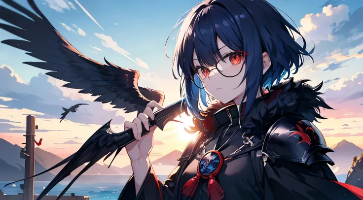 Raven Tengu,Apparition,monster,Black Feather,sunglasses,Great Storm,solo, 
Crow on shoulder，Feather Armor,Blue Hair, Lens flare, sunset，