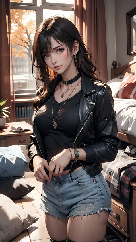 Mouth, A girl, Solitary, In a messy room, Guitar, 、Spiked collar、24 years old white female、Sexy proportions、Punk rock fashion、Black shirt、leather jacket、Leather shin guards、Gorgeous makeup、Long hair、Rosary Necklace、Rosary Earrings、Wear the spiked bracelet ...