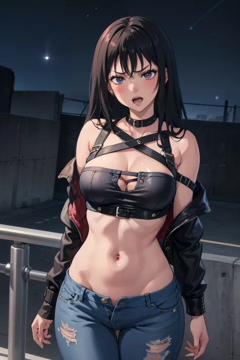 perfect anatomy, 1girl, solo, SawaragiShiho, black hair, long hair, big breast, blush, lipstick, Hot girl, baddie, staring, glaring, bad attitude, mean girl, dare, angry, hate, crazy, smoking, sensual, attractive, outdoors, rooftop, cityscape, building, ra...