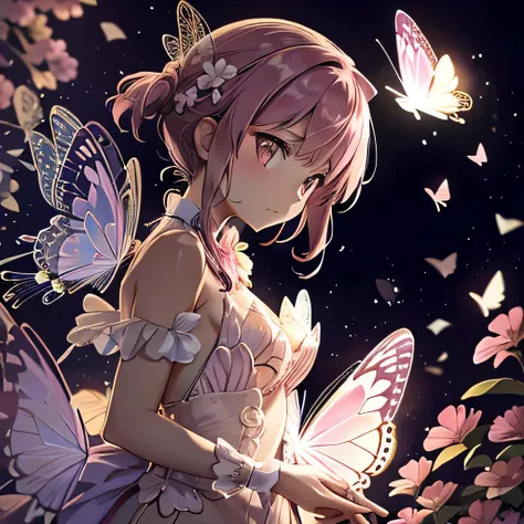 many pink butterflies flying in the background、neon lace transparent