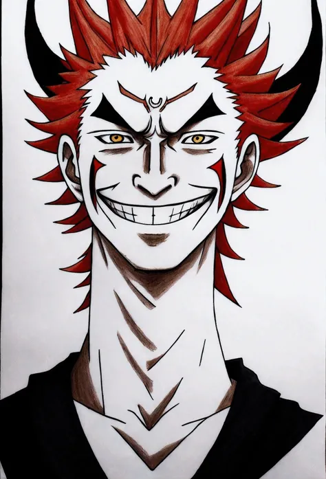 anime drawing of a man with red hair and red and yellow hair, with a spine crown, Ichigo kurosaki, crown of fire, With horns, Ichigo, He is very threatening and evil, oni horns, horns on the head, A devilish smile on his face, burning hell, the joker looks...