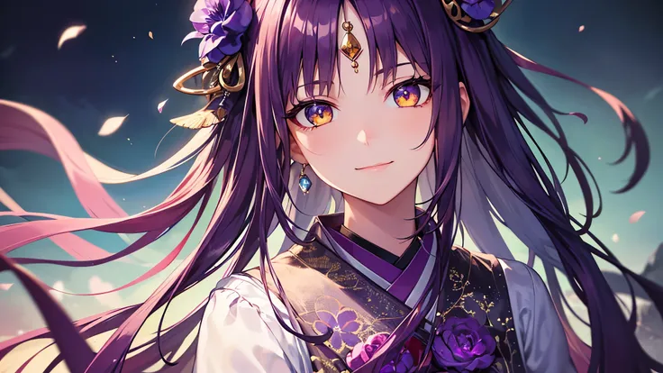 Highest quality, 8k, 4K, High resolution, High Contrast,1girl,only,Beautiful dark purple hair,(Beautifully detailed face), Yellow clear eyes, beautiful eyes, A gentle expression of love, smile, Moderate bust, ２０generation, Wearing an amethyst, Deep purple ...