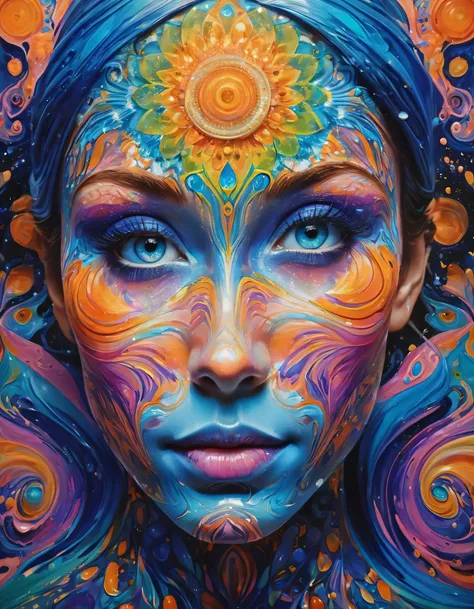 In the style of op art,surrealistic portrait of a person with vibrant,iridescent skin resembling a detailed sculpture inspired by Moebius and Beksinski.The person is against a hypnotic,psychedelic background dominated by orange,pink,green,blue tones, resem...