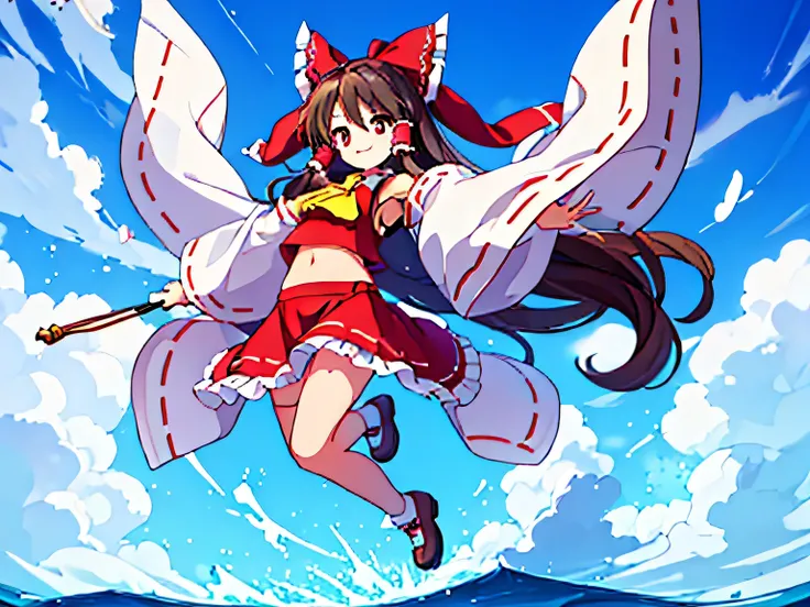 anatomically correct, high quality, 8k,cute girl,reimu,full body, fine blue sky background,smile,(musical)
