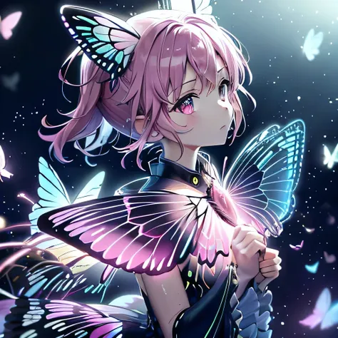 many pink butterflies flying in the background、neon lights、whole body