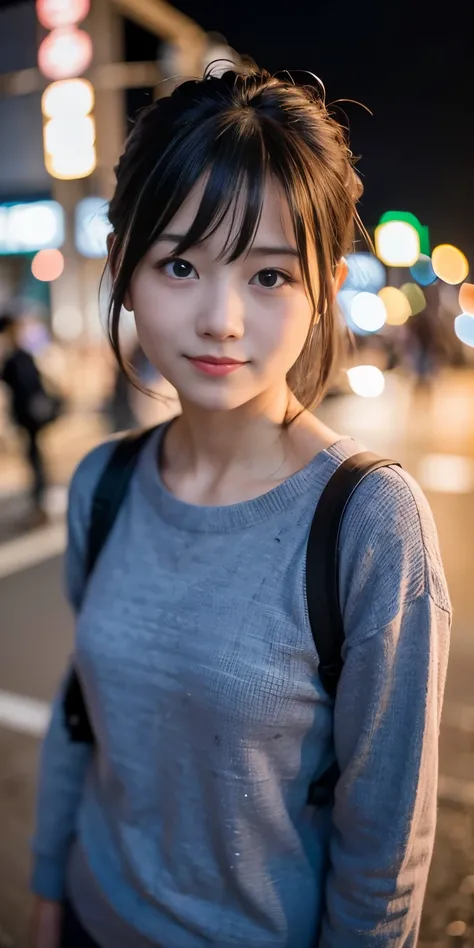 1 girl, Tokyo Street,night, Streetscape,City lights,Upper Body,close,smile,, (8k, RAW Photos, Highest quality, masterpiece:1.2),(Realistic, photo-Realistic:1.37),