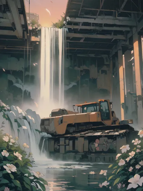 (((masterpiece, highest quality)))、(((32k wallpaper)))、Detailed Machinery、Abandoned Factory、Atrium、(((White Flower Field)))、(((Rusty heavy equipment)))、Gorgeous light leaks、(((Sunset)))、fog、Detailed Background、Highest quality、(((No humans)))、Broken heavy m...