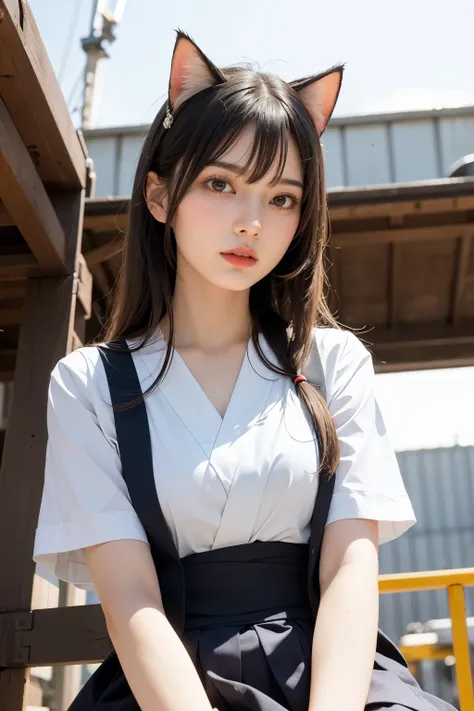 Masterpiece, bokeh, Beautiful face, (Japanese idle:1.6), (summer school uniform:1.3), (sitting in  Ship construction site:1.3), (Cat ears:1.3), (From below:1.3), 