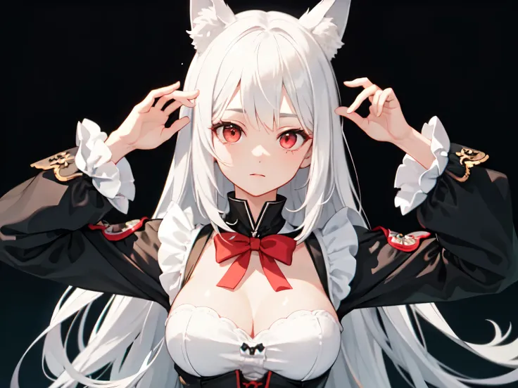 ((Highest quality)), ((masterpiece)), (detailed), a girl, hands on head, looking at viewer, front view, long hair, white hair, red eyes, big eyes, Open-chested maid outfit, long sleeve, with wolf ears, no background, cute, upper body, front view