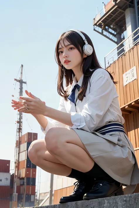 Masterpiece, bokeh, Beautiful face, (Japanese idle:1.6), (summer school uniform:1.3), (squatting in  Ship construction site:1.5), (Headphone:1.3), (From below:1.5), 