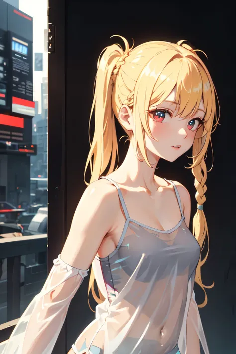 Optimal，masterpiece，High resolution，Highest quality，Hyper HD，Very detailed，Award-winning，16K，alone，（Upper Body），Correct Anatomy，Beautiful Cyberpunk Girl，Cowboy Shot、Cute Face，，blonde、Long Hair、Twin tails、Braiding, Hairline，（（Scarlet Eyes）），Long eyelashes，D...